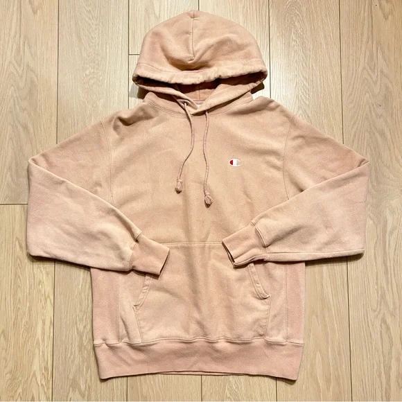 Champion Reverse Weave Hoodie Pink Peach Pullover Sweatshirt Tapered Medium - Picture 2 of 6
